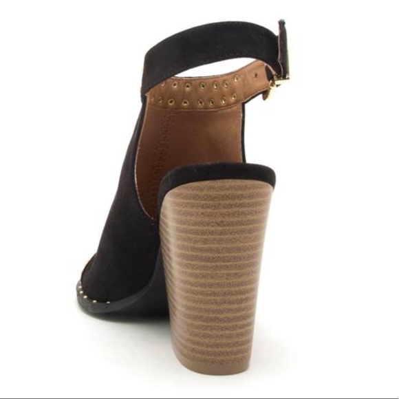 Gold Studded Black Slingback Peep Toe Block Heels - Picture 8 of 10